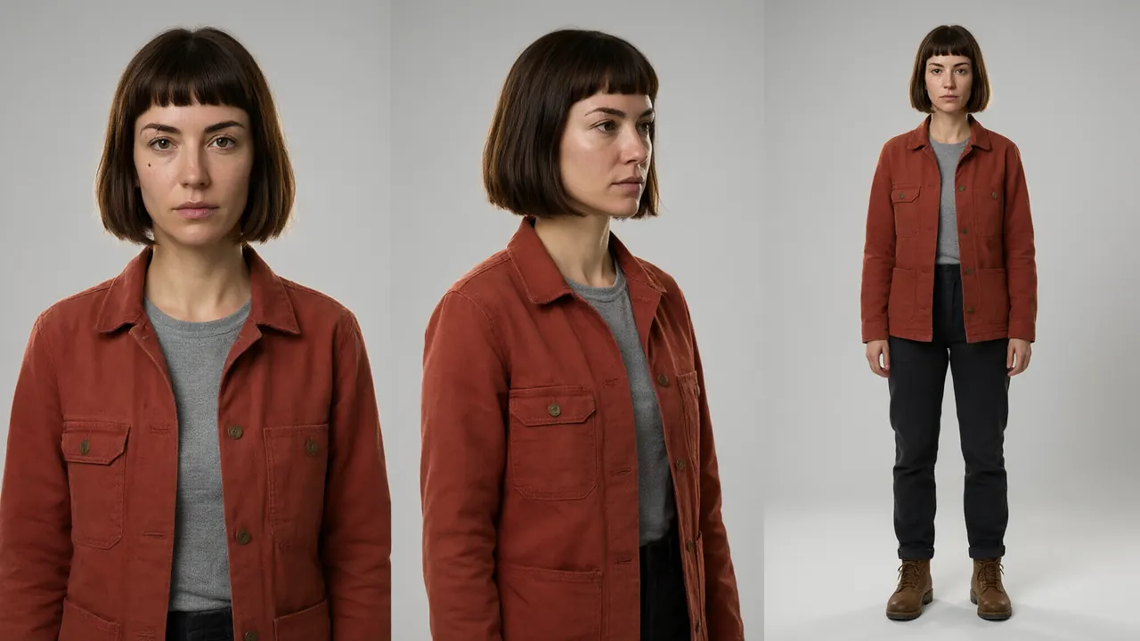 A made reference sheet: one person on a plain grey backdrop in three views, a head and shoulders portrait, a three-quarter view and a full-length standing shot.