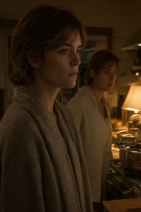 A frame from a night scene: two people in a dim kitchen, the nearer one turned away and cut off at the chest by the frame edge, the other out of focus behind.