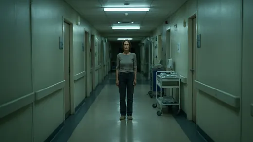 A wide shot of a woman standing far down a hospital corridor at night under receding strip lights.