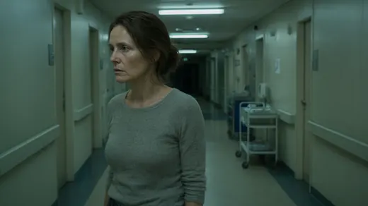 The same woman in the same corridor, closer, turning her head towards something off to the left.