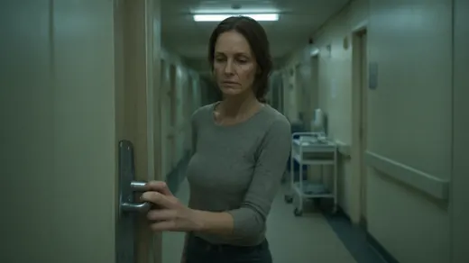 The same woman closer again, her hand on a door handle in the foreground of the same corridor.