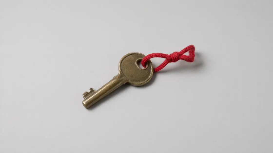 A worn brass key on a short red cord lying flat on a plain light grey ground, lit from the upper left, nothing else in the frame and no hands.