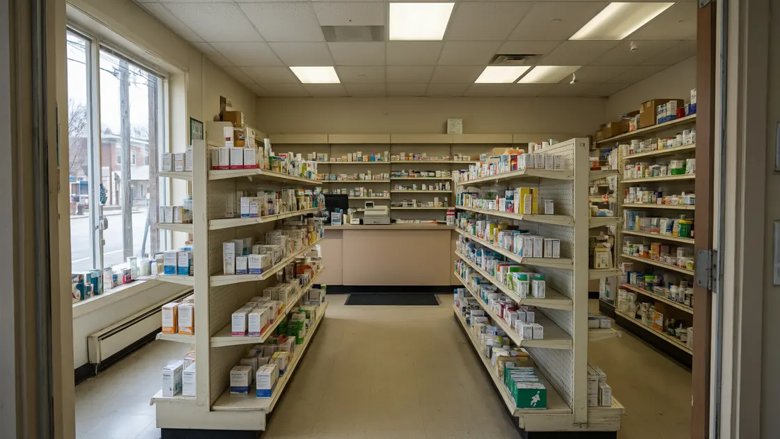 An empty pharmacy interior at midday photographed from the door: three aisles of shelving, a counter with a till at the back, daylight from a window on the left.