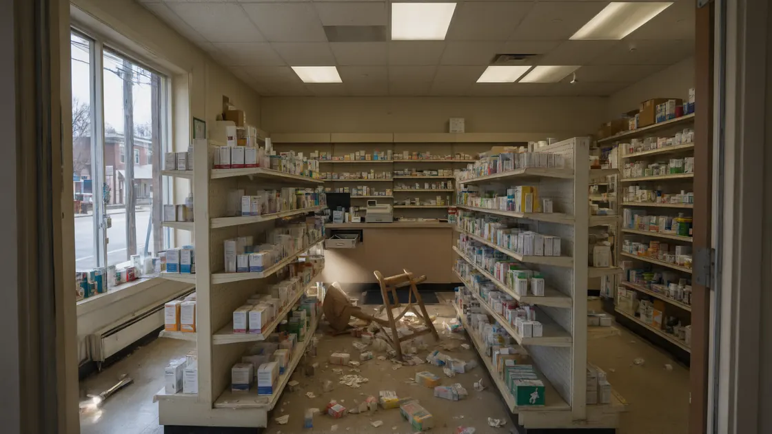 The same pharmacy from the same position with one aisle of stock swept onto the floor, a stool knocked over and a torch beam raking across the mess.