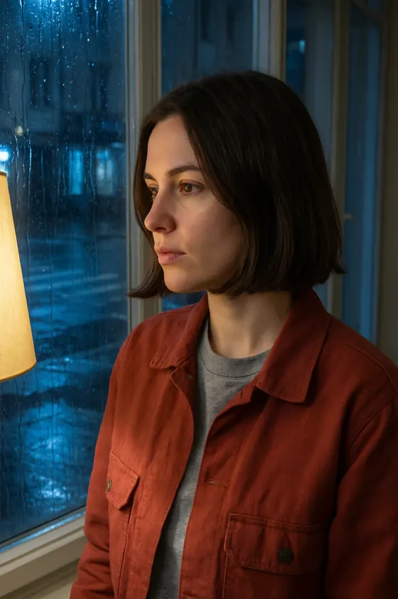 A woman at a rain-streaked window at night in a rust-red jacket, with a side-parted dark bob and a different face from the reference sheet.