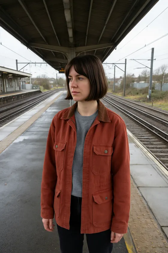 A woman on a railway platform in a rust-red jacket, longer hair and a different face from the reference sheet, photographed closer than the wide shot it was asked for.