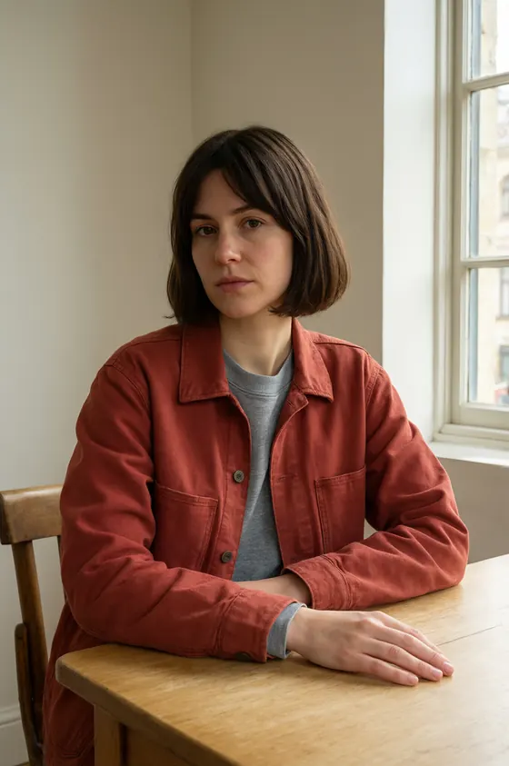 A woman seated at a table by a window in a rust-red jacket, with a different face and no fringe, unlike the reference sheet.