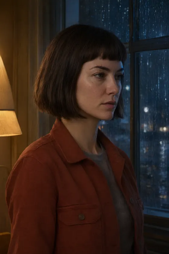 A woman at a rain-streaked window at night, lit by a warm lamp from the side, with the same blunt fringe and rust-red jacket as the reference sheet.