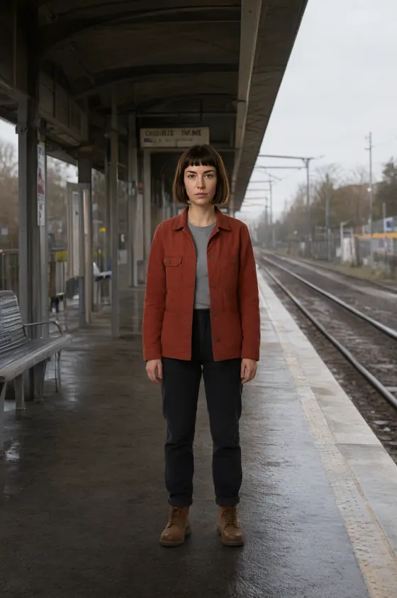 The same woman standing full length on an empty railway platform under flat grey daylight, in the same jacket and boots as the reference sheet.