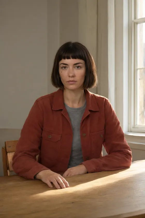 The same woman seated at a wooden table beside a window in daylight, hands on the table, with the same face and fringe as the reference sheet.