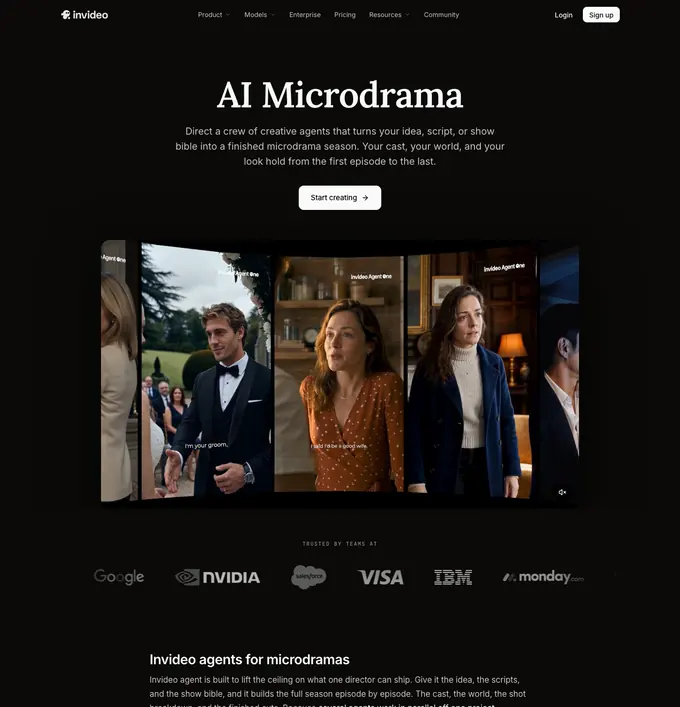 The invideo AI microdrama product page as it appeared on 16 September 2026.